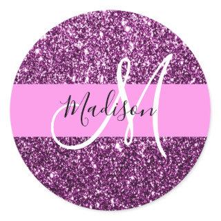 Glam Pink & Purple Glitter Sparkles Monogram Name Classic Round Sticker