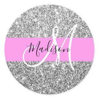 Glam Pink & Silver Glitter Sparkles Monogram Name Classic Round Sticker