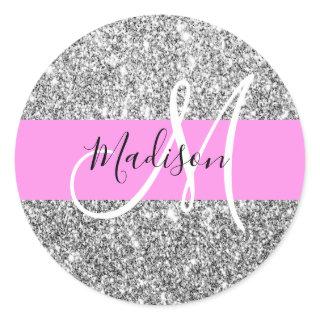 Glam Pink & Silver Glitter Sparkles Monogram Name Classic Round Sticker