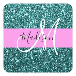 Glam Pink Teal Green Glitter Sparkle Name Monogram Square Sticker