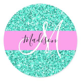 Glam Pink Turquoise Glitter Sparkles Monogram Name Classic Round Sticker