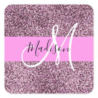 Glam Pink & Violet Glitter Sparkles Monogram Name Square Sticker