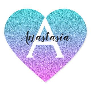 Glam Purple Aqua Glitter Sparkle Gradient Monogram Heart Sticker