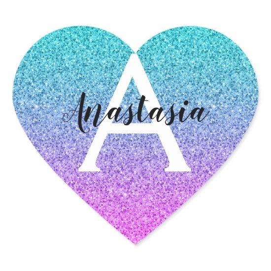 Glam Purple Aqua Glitter Sparkle Gradient Monogram Heart Sticker