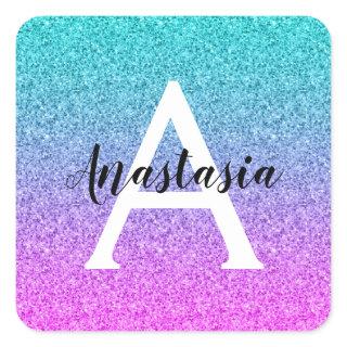 Glam Purple Aqua Glitter Sparkle Gradient Monogram Square Sticker