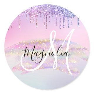 Glam Rainbow Unicorn Ombre Glitter Pink Monogram Classic Round Sticker