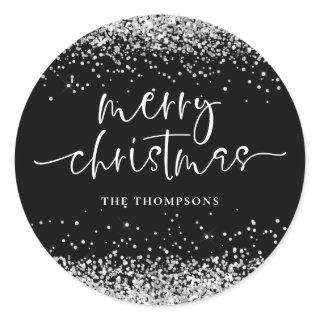 Glam Silver Glitter Merry Christmas Black Classic Round Sticker