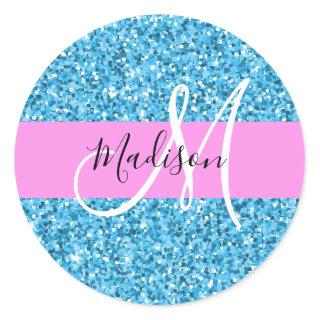 Glam Sky Blue Pink Glitter Sparkles Name Monogram Classic Round Sticker
