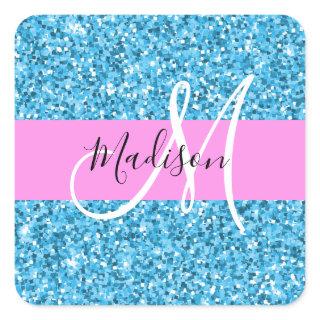 Glam Sky Blue Pink Glitter Sparkles Name Monogram Square Sticker