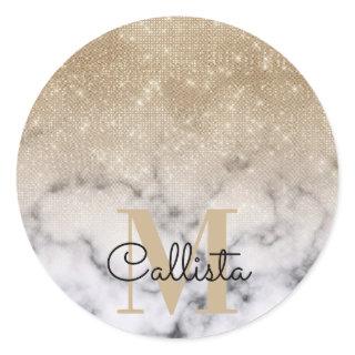 Glamorous Gold Glitter White Marble Ombre Monogram Classic Round Sticker