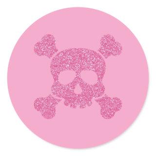 Glamorous Pink Glitter Skull and Crossbones Classic Round Sticker