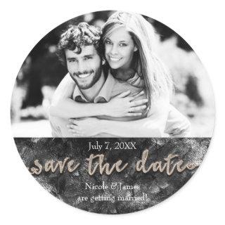 Glamour Black & Gold Chic Save The Date Photo Classic Round Sticker