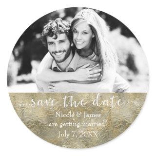 Glamour Chic Gold Faux Foil Save The Date Photo Classic Round Sticker