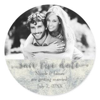 Glamour Silver White Winter Save The Date Photo Classic Round Sticker
