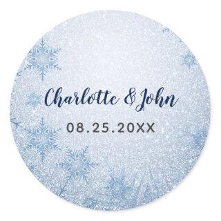 Glitter Blue Snowflakes winter wedding Classic Round Sticker