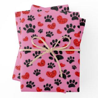 Glitter Cartoon Dog Paw Prints And Red Hearts  Sheets