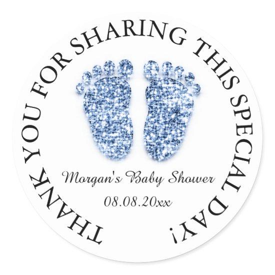 Glitter Feet Baby Shower Favor Thank Blue Boy Classic Round Sticker
