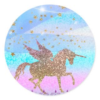 Glitter Flying Unicorn Magical Birthday Party Classic Round Sticker