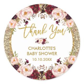 Glitter Glam Burgundy Blush Floral Baby Shower Classic Round Sticker