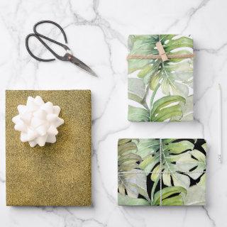 Glitter Gold Tropical Monstera Watercolor Pattern  Sheets