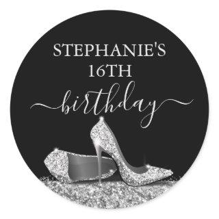 Glitter High Heel 16th Birthday Silver Favor  Classic Round Sticker