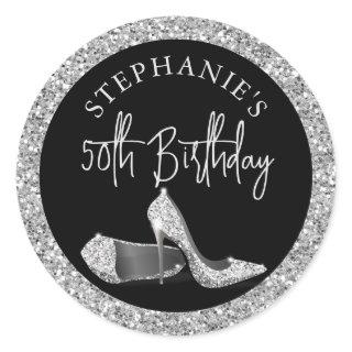 Glitter High Heel Any Birthday Silver  Classic Round Sticker