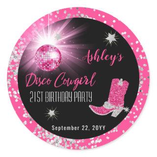 Glitter Pink Disco Cowgirl 21st Birthday Party Classic Round Sticker