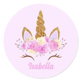 Glittered Floral Unicorn Face Personalized Name  Classic Round Sticker