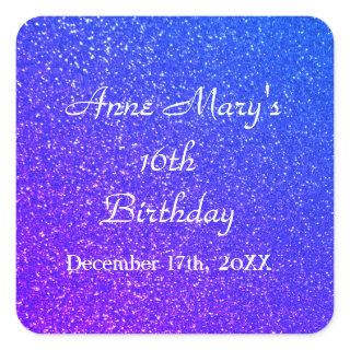 Glittery Blue Sparkle 16th Birthday Custom Name  Square Sticker