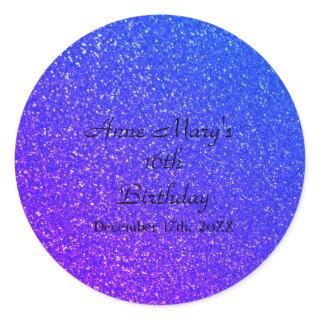 Glittery Blue Sparkle Custom Name 16th Birthday Classic Round Sticker