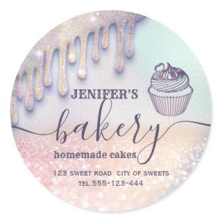 Glittery drips cupcake chef script bakery classic round sticker