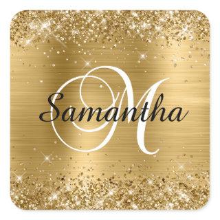 Glittery Gold Foil Classic Script M Monogram Square Sticker