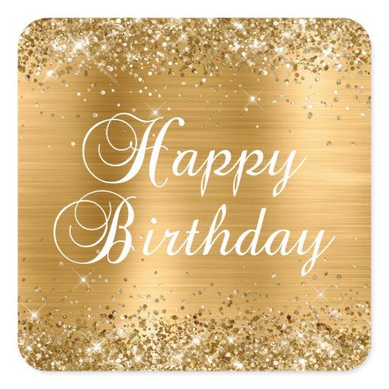 Glittery Gold Foil Happy Birthday Square Sticker