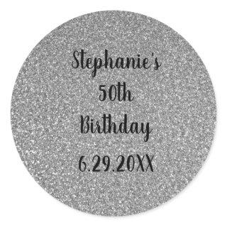 Glittery Grey Silver Custom Happy Birthday Name Classic Round Sticker