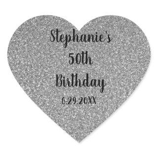 Glittery Grey Silver Custom Happy Birthday Name Heart Sticker