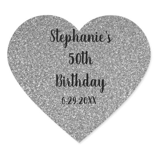 Glittery Grey Silver Custom Happy Birthday Name Heart Sticker