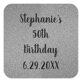 Glittery Grey Silver Custom Happy Birthday Name Square Sticker