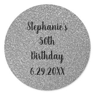 Glittery Grey Silver Happy Birthday Custom Name Classic Round Sticker
