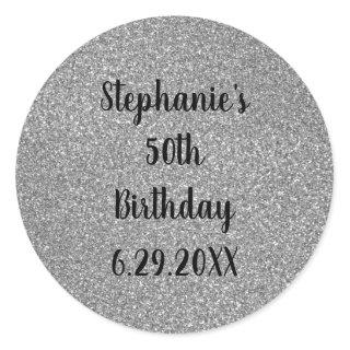 Glittery Grey Silver Happy Birthday Name Custom Classic Round Sticker