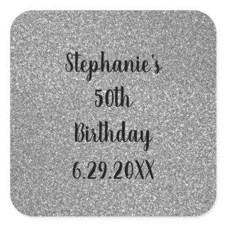 Glittery Grey Silver Happy Birthday Name Custom  Square Sticker