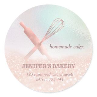 Glittery holograph rolling pin & whisk chef bakery classic round sticker