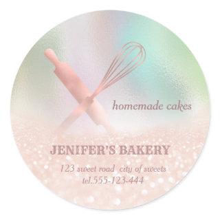 Glittery holograph rolling pin & whisk chef bakery classic round sticker