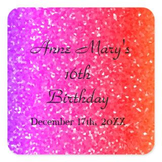 Glittery Pink Sparkle Custom Name 16th Birthday Square Sticker