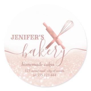 Glittery  rolling pin & whisk chef script bakery classic round sticker