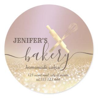 Glittery  rolling pin & whisk chef script bakery classic round sticker