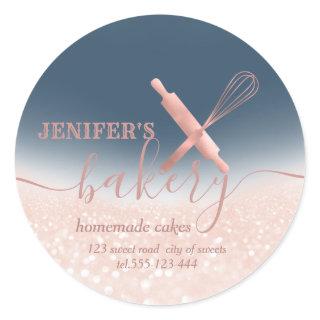 Glittery  rolling pin & whisk chef script bakery classic round sticker