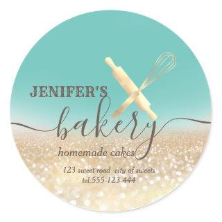 Glittery  rolling pin & whisk chef script bakery classic round sticker