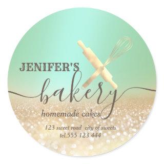 Glittery  rolling pin & whisk chef script bakery classic round sticker