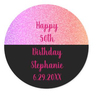 Glittery Rose Gold Pink Black Happy Birthday Name Classic Round Sticker