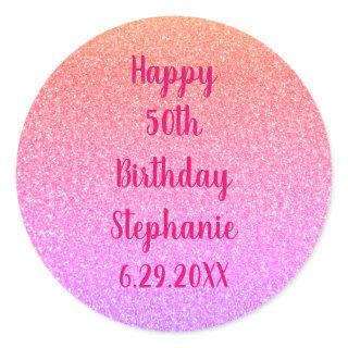 Glittery Rose Gold Pink Custom Happy Birthday Name Classic Round Sticker